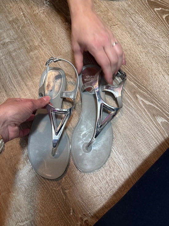 Stuart Weitzman Shoes - Stuart Weitzman Silver Metallic Geometric T-Strap Sandals